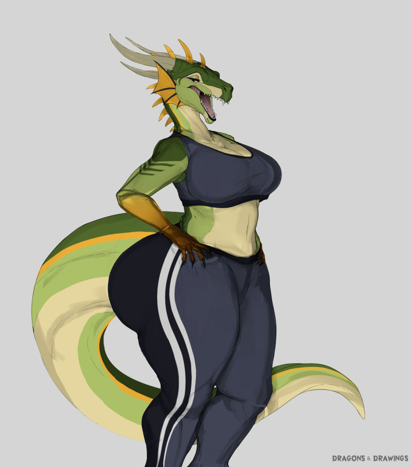 1girls anthro artist_name breasts claws dragon_girl dragon_horns dragon_tail dragons_and_drawings emma_(dragons_and_drawings) female furry furry_female gym_clothes half-closed_eyes huge_ass large_breasts navel original original_character sharp_teeth smile spikes stripes tongue