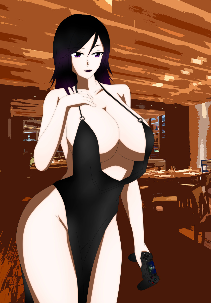 akinama_family_(noir-black-shooter) big_breasts dark_purple_hair dress dress_lift female_only kaori_akinama_(noir-black-shooter) long_hair mole_under_eye no_bra no_panties no_underwear noir-black-shooter oc original original_character purple_hair