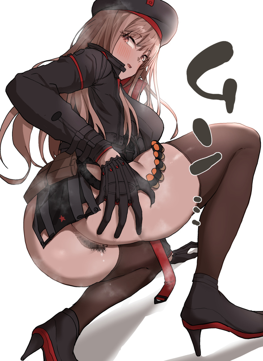 ass back beret black_footwear black_gloves black_hair blush breasts brown_hair bullet censored female female_pubic_hair gloves goddess_of_victory:_nikke hat high_heels highres kneeling long_hair looking_at_viewer mismatched_pubic_hair mosaic_censoring open_mouth pouch pubic_hair pussy rapi_(nikke) solo takeura