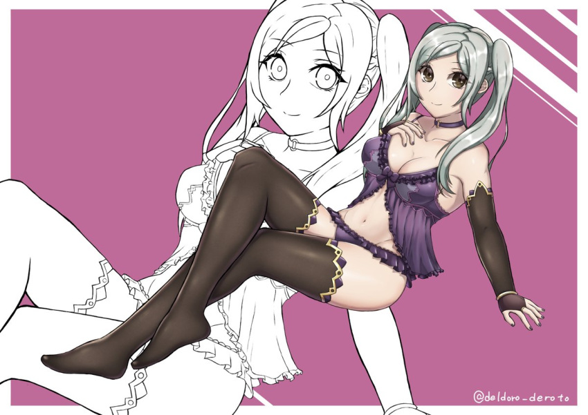 1girls babydoll bare_thighs breasts brown_eyes choker deroboku female female_only female_protagonist fire_emblem fire_emblem_awakening grey_hair large_breasts lingerie looking_at_viewer medium_hair nail_polish nintendo panties purple_nails purple_panties robin_(fire_emblem) robin_(fire_emblem)_(female) smile solo thighhighs thighs twintails underwear