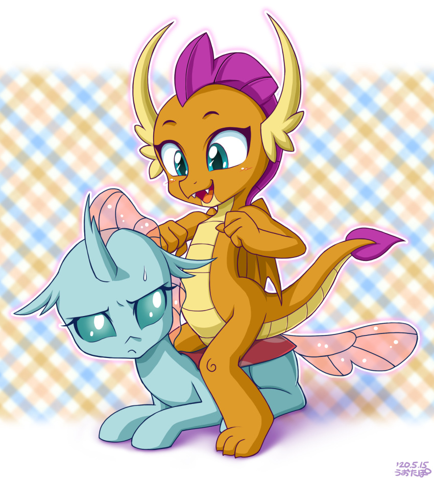 2girls anthro blue_eyes blue_fur changeling dragon eyelashes fangs female friendship_is_magic furry high_resolution horn looking_back looking_down mammal multiple_girls my_little_pony ocellus_(mlp) open_mouth orange_fur signature smolder_(mlp) sweat tail teeth tongue uotapo yellow_horn