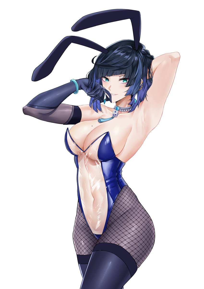 1girls absurd_res animal_ears arm_up armpits black_hair black_pantyhose black_thighhighs blue_gloves blue_hair blue_leotard bob_cut breasts bunny_ears bunnysuit cleavage collarbone deroo fake_animal_ears female female_only fishnet_thighhighs fishnets genshin_impact gloves green_eyes grin large_breasts leotard mole mole_on_breast multicolored_hair navel neck_ring pantyhose playboy_bunny see-through_clothing see_through short_hair simple_background smile solo standing thighhighs thighs transparent_bunnysuit white_background yelan_(genshin_impact)