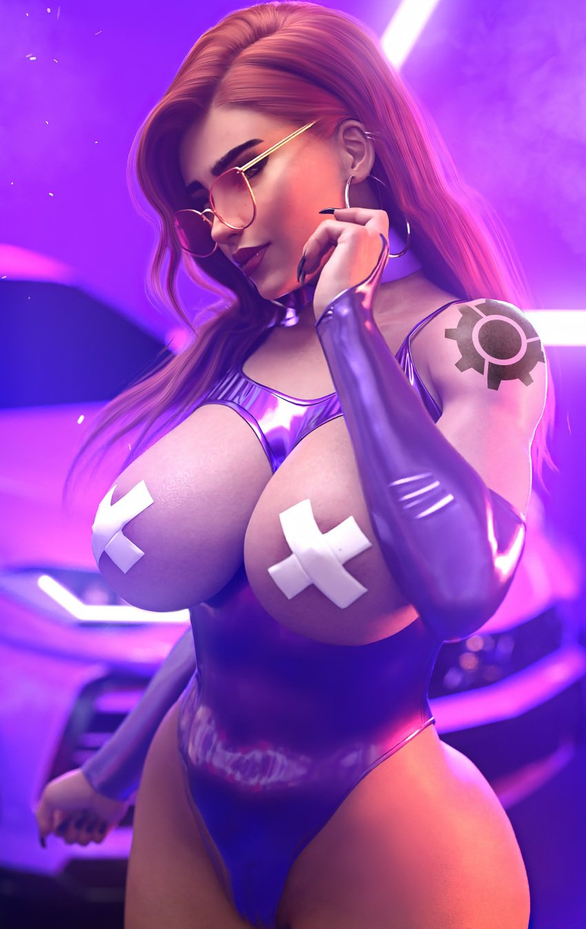 3d big_ass big_breasts blizzard_entertainment brigitte hoop_earrings nipple_covers nipple_pasties overwatch ravelent red_hair tattoo thighhighs vagina