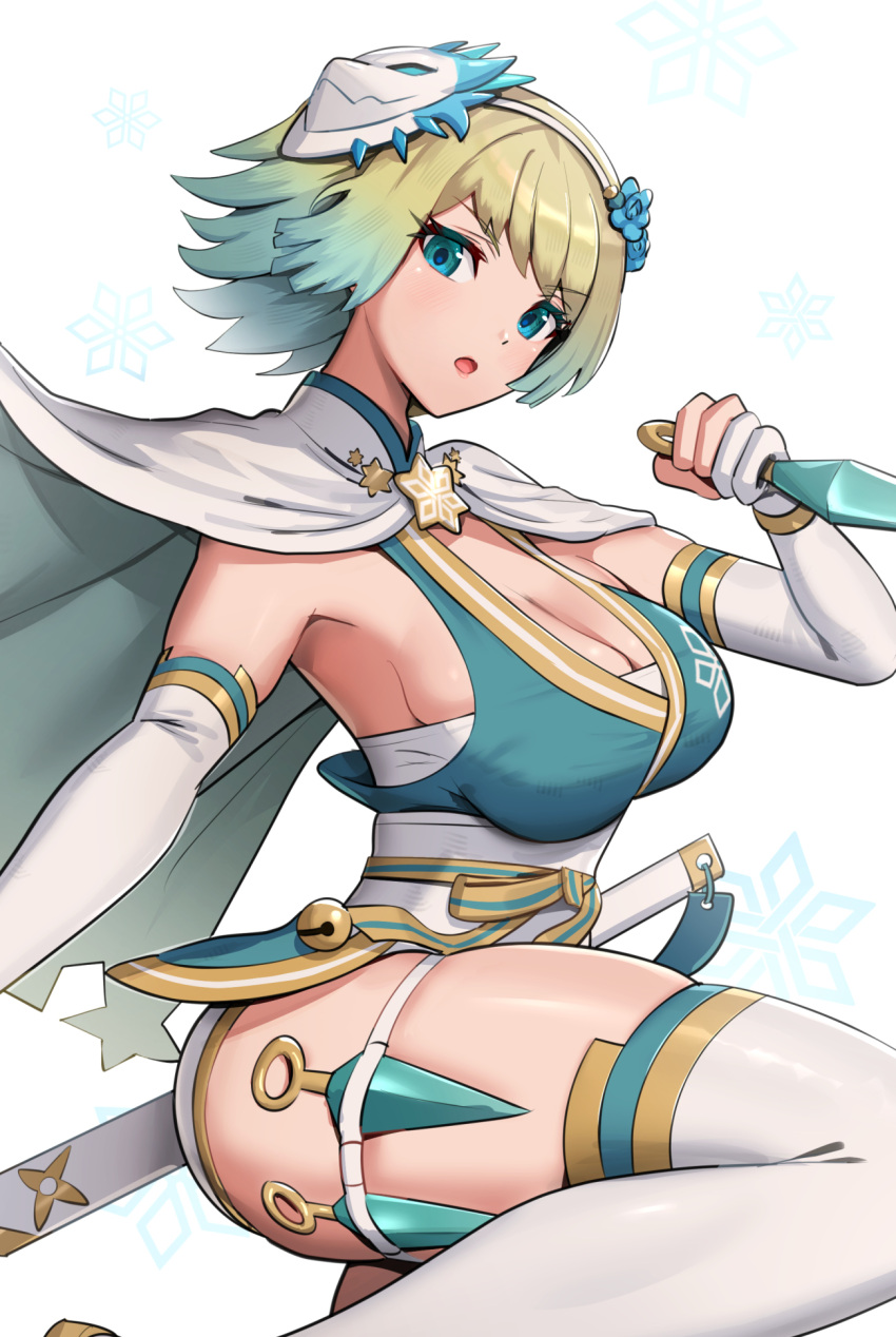 1girls alternate_costume blue_eyes breasts cape cleavage female female_only fire_emblem fire_emblem_heroes fjorm_(fire_emblem) fjorm_(ninja)_(fire_emblem) gonzarez highres kunai large_breasts ninja nintendo official_alternate_costume reverse_grip short_hair shuriken sideboob simple_background skindentation solo thick_thighs thighs weapon white_background