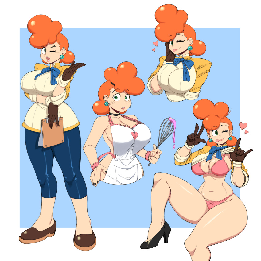 1girls aki_(ape_escape) ape_escape apron areolae bra bra_peek breasts heart huge_breasts looking_at_viewer mossy_(artist) naked_apron nipples official_mossy pompadour puffy_hair shirt_lift tongue_out underwear wink