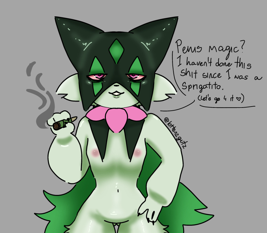 anthro female furry joint kittenzgutz meowscarada pokémon_(species) pokemon pokemon_sv self_upload sprigatito weed