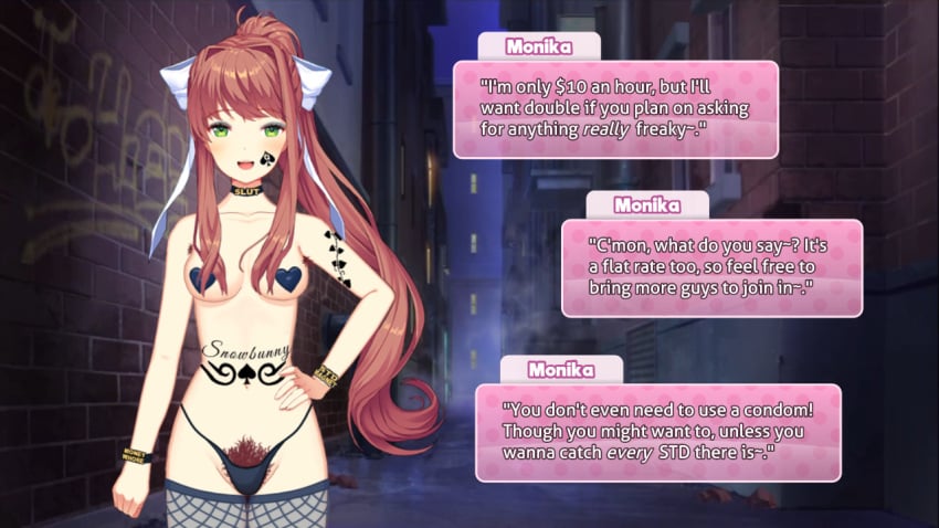 1girls 2022 accurate_art_style alley alleyway armpit_hair backalley bangs bedroom_eyes belly_button boobs bow breasts brown_hair bushy_pubes cheap cheek_tattoo city collar ddlc_text_box dialogue dialogue_box doki_doki_literature_club edit english_text excessive_pubic_hair female female_only fishnets green_eyes hairy_armpits hairy_pussy hand_on_hip heart_pasties humiliating_tattoo innie_navel long_hair monika_(doki_doki_literature_club) navel night panties pasties ponytail prostitute prostitution pubic_hair queen_of_spades slut_collar solo spade_tattoo sprite_edit std talking_to_viewer tattoo tattoo_on_arm tattoo_on_face tattoo_on_midriff text thong topless topless_female white_bow