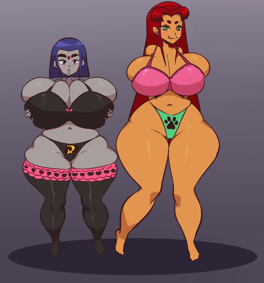 2girls breasts_bigger_than_head dc dc_comics enormous_breasts huge_breasts hyper hyper_breasts koriand'r long_hair looking_at_viewer massive_breasts multiple_girls raven_(dc) sallowie short_hair starfire tagme teen_titans thick_thighs wide_hips