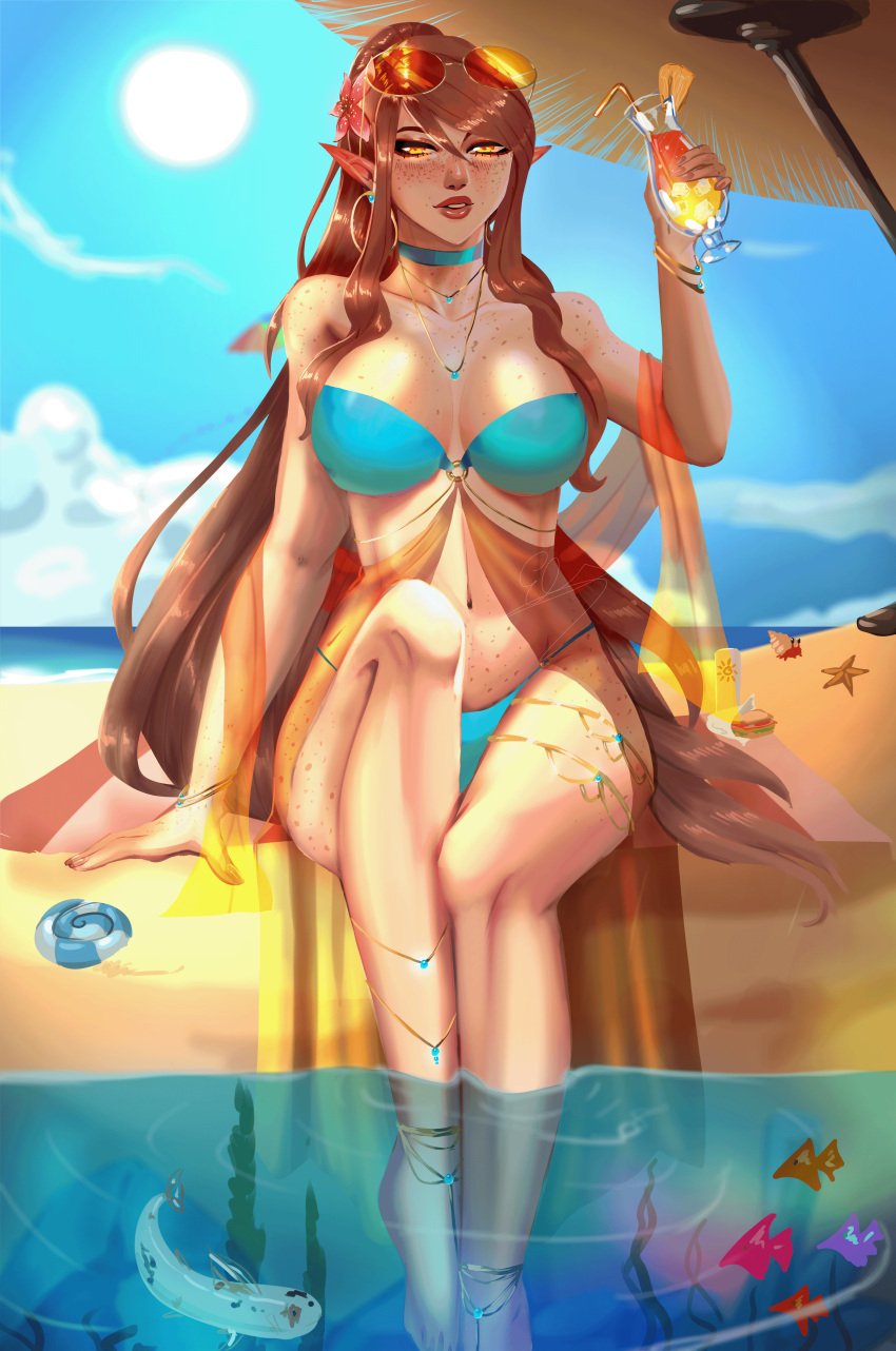 accessory beach bedroom_eyes big_ass big_breasts big_butt bikini bikini_bottom bikini_top blush breasts brown_hair cover covered_nipples covering detailed_background dominant dominant_female drinking drunk earrings ecchi elf elf_ears elf_female elf_girl eyebrows_visible_through_hair eyelashes fantasy feet female female_focus female_only flower flower_in_hair freckles high_ponytail holidays jewelry large_breasts legs light-skinned_female light_skin lingerie lips lipstick long_ears long_legs looking_at_viewer looking_pleasured oc original original_character pointed_ears ponytail rosalinn sand sea seaside seductive smile smiling smiling_at_viewer smirk smooth_skin solo solo_focus submissive submissive_pov summer sunglasses sunglasses_on_head sunlight swimming swimsuit swimwear thick thick_ass thick_thighs thighs water wide_hips yellow_eyes