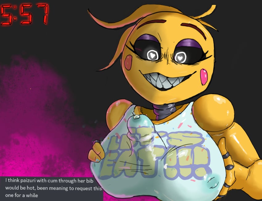 animatronic black_sclera cottt(artist) female female_focus female_only five_nights_at_freddy's five_nights_at_freddy's_2 glowing_eyes large_breasts lovetaste_chica paizuri paizuri_under_clothes pov sharp_teeth smile smiling straight titfuck_under_clothes titjob toy_chica_(fnaf) toy_chica_(love_taste)