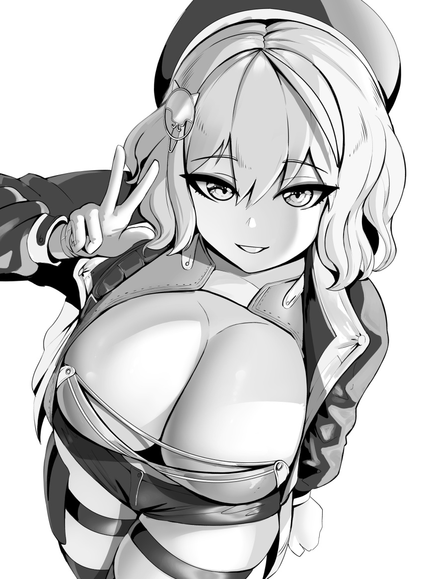 1girls anis_(nikke) crop_top female goddess_of_victory:_nikke huge_breasts jacket large_breasts looking_at_viewer monochrome open_jacket short_hair shorts smile solo soruex