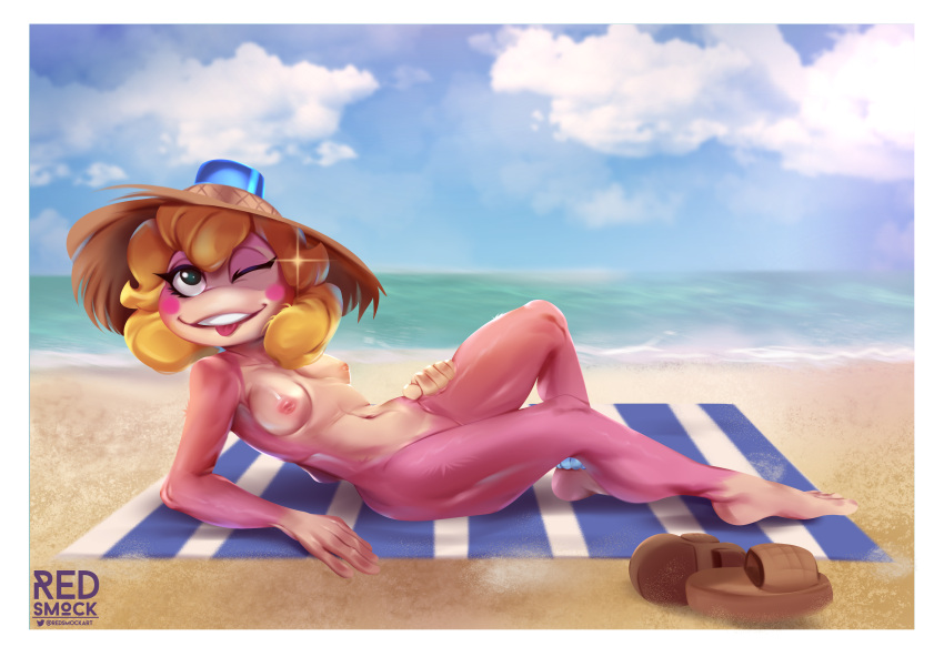 absurd_res anthro ape_escape beach blinking blonde_hair blush breasts clothing detailed_background digital_media_(artwork) eyelashes female footwear hair haplorhine hat headgear headwear hi_res mammal monkey monkey_girl nipples nude open_mouth outside pink_body pink_monkey primate redsmock sand seaside sky smile solo solo_focus sony_corporation sony_interactive_entertainment tongue tongue_out video_games water