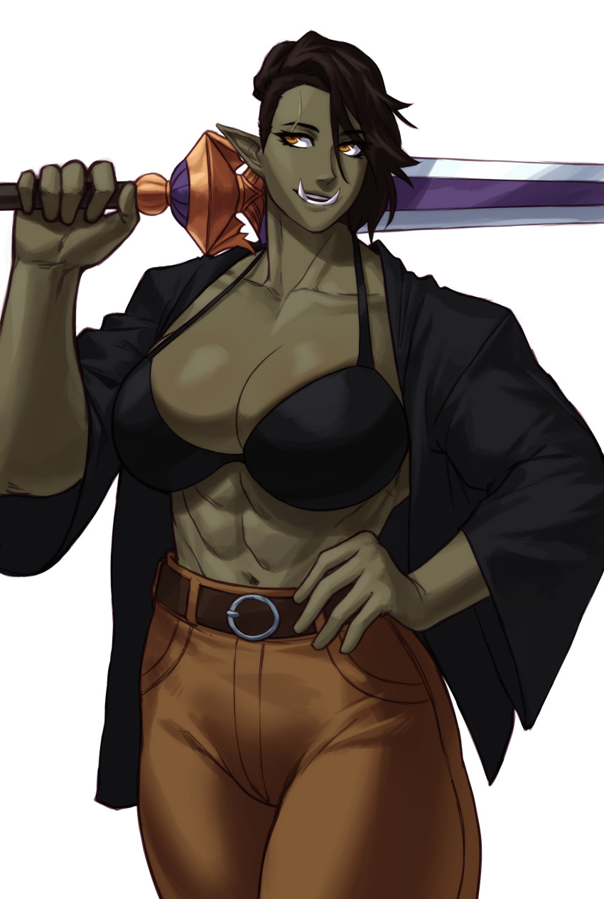 1girls abs absurd_res belt big_breasts brown_hair commission fangs female female_only green-skinned_female green_skin hand_on_hip looking_away muscular muscular_female nami_edelweiss open_shirt orange_eyes orc orc_female pants pointy_ears scar scar_across_eye scar_on_face shirt smile solo sotcho sword weapon_over_shoulder white_background