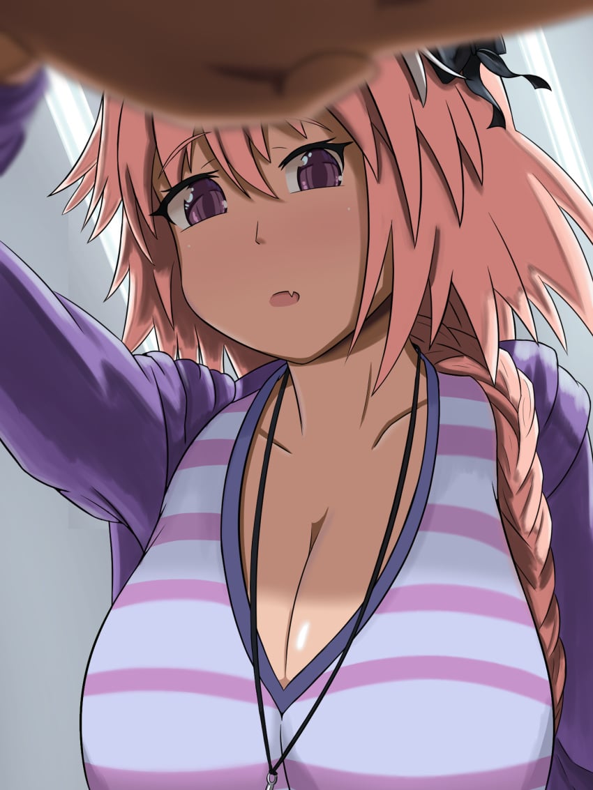 1girls astolfo_(fate) big_breasts blush breasts chestnut_mouth chichishin clavicle cleavage clothed clothed_female fate/grand_order fate_(series) female female_astolfo female_only flustered fourth_wall hoodie huge_breasts large_breasts long_breasts long_cleavage pink_hair pov purple_clothing purple_eyes purple_hoodie reaching_towards_viewer rule_63 shy skin_fang small_but_busty upper_body virado