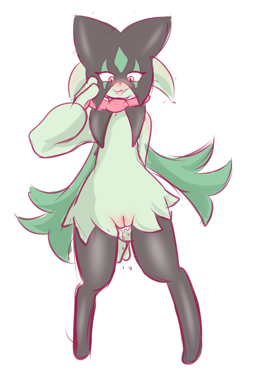 anthro black_mask blush body_blush dripping_pussy fangs felid feline female fur generation_9_pokemon genitals green_body green_fur hi_res humanoid_genitalia jaspixie leaked_pokemon leaking_pussy mammal meowscarada nintendo pokémon_(species) pokemon pokemon_sv pussy pussy_blush solo video_games