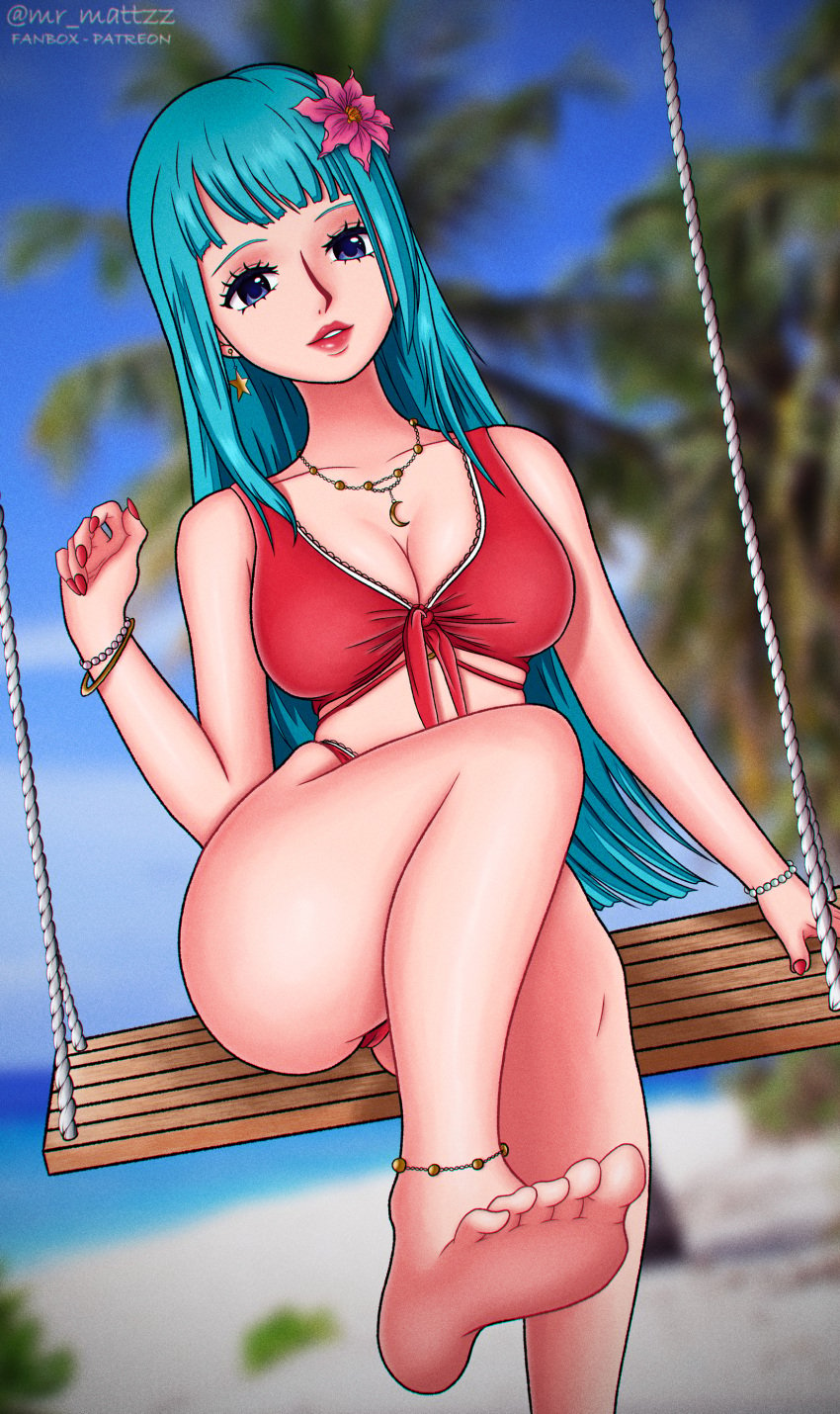 bikini blue_eyes female female_only green_hair hair_ornament hiyozuki kozuki_hiyori oiran one_piece prostitute swimwear toes