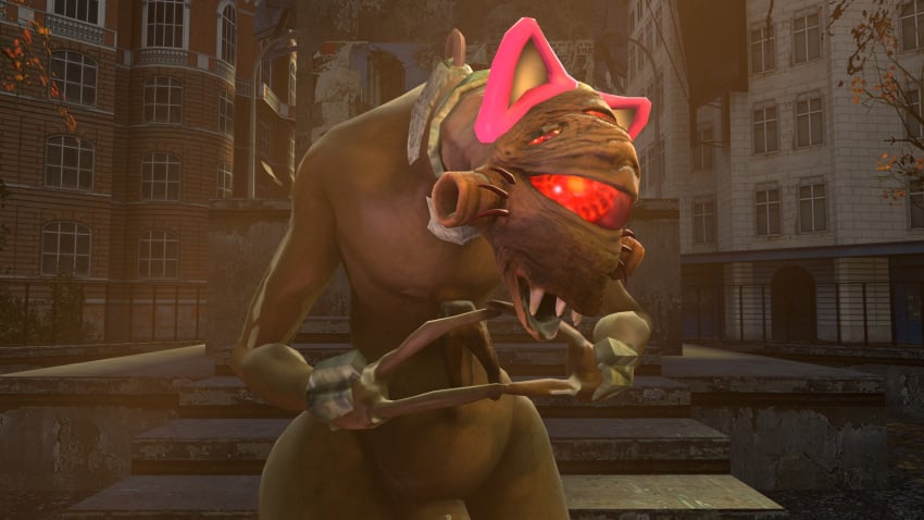 2_fingers building cat_ears catboy chubby_male city half-life half-life_2 horny horny_male looking_at_viewer male_only open_mouth outside pink_ears red_eyes sfmbob standing teeth thick_ass thick_thighs vortigaunt vortigaunt_slave whiskers