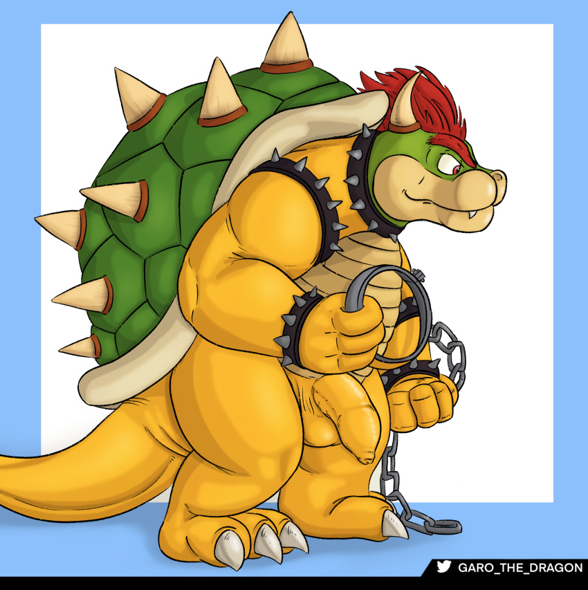 1boy absurd_res armband balls bowser chains claws collar eyebrows fangs flaccid foreskin full-length_portrait garo_(artist) genitals hi_res horn humanoid_genitalia koopa male male_only mario_(series) muscular nintendo penis portrait scalie shaded shell simple_background solo solo_male standing thick_eyebrows thick_penis video_games wristband