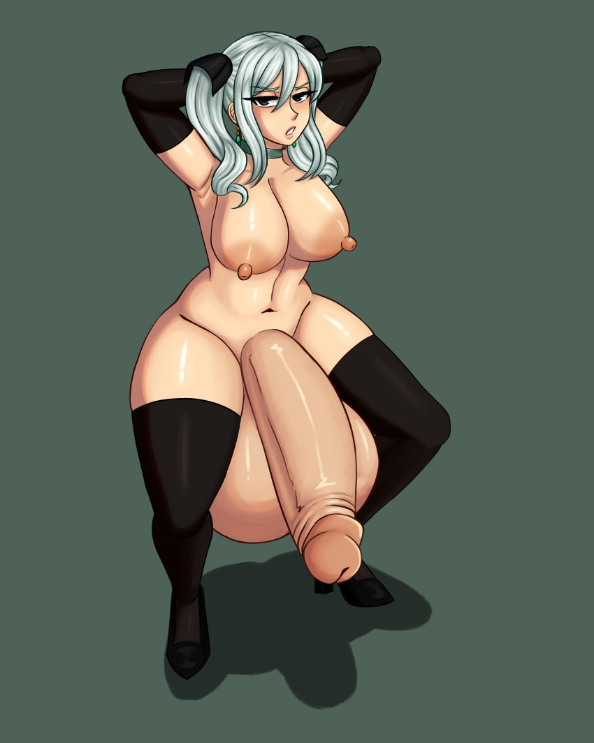 1futa 2022 areolae arms_behind_head arms_up balls big_breasts breasts elbow_gloves flaccid futa_only futanari gigantic_penis gigantic_testicles gloves half-closed_eyes huge_balls huge_cock human kandakatou light-skinned_futanari light_skin long_hair looking_at_viewer merlyn_(kandakatou) nipples nude original original_character penis solo spread_legs squatting standing sweat thick_thighs thighhighs twintails white_hair wide_hips