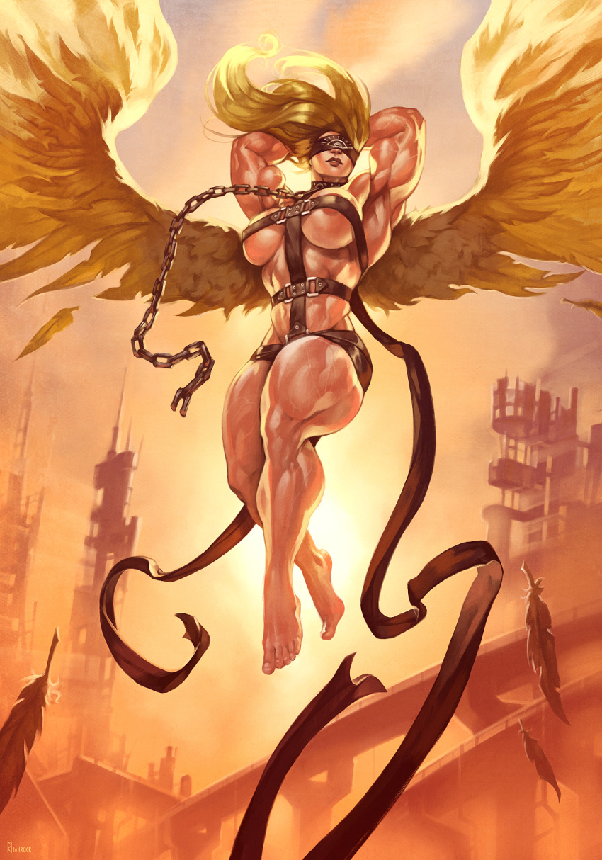 1girls angel angel_(megami_tensei) areola_peek areola_slip atlus big_breasts big_thighs blindfold blonde_hair chains covered_eyes female female_only goes_hard humanoid janrock muscles muscular_female ruins shin_megami_tensei wings