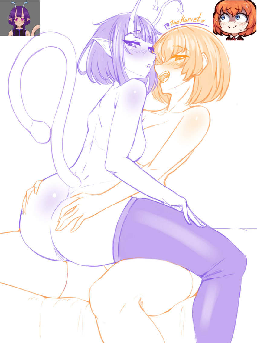 2girls alien_girl hispanic_virtual_youtuber hoshivt indie_virtual_youtuber light-skinned_female light_skin medium_breasts multiple_girls nude orange_hair purple_hair short_hair sitting sitting_on_lap sitting_on_person stockings the_kurieta twitch twitch.tv virtual_youtuber vivifellow vtuber witch youtube yuri