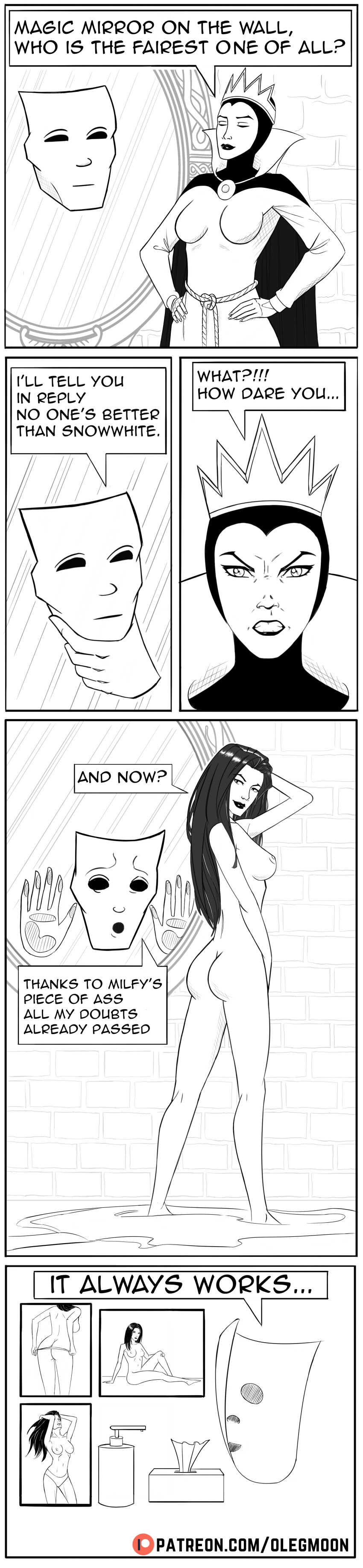 1girls absurd_res colorless comic dialogue disney disney_villains high_resolution highres human line_art magic_mirror monochrome nude olegmoon one_page_comic seductive snow_white_and_the_seven_dwarfs speech_bubble text text_box the_evil_queen undressing