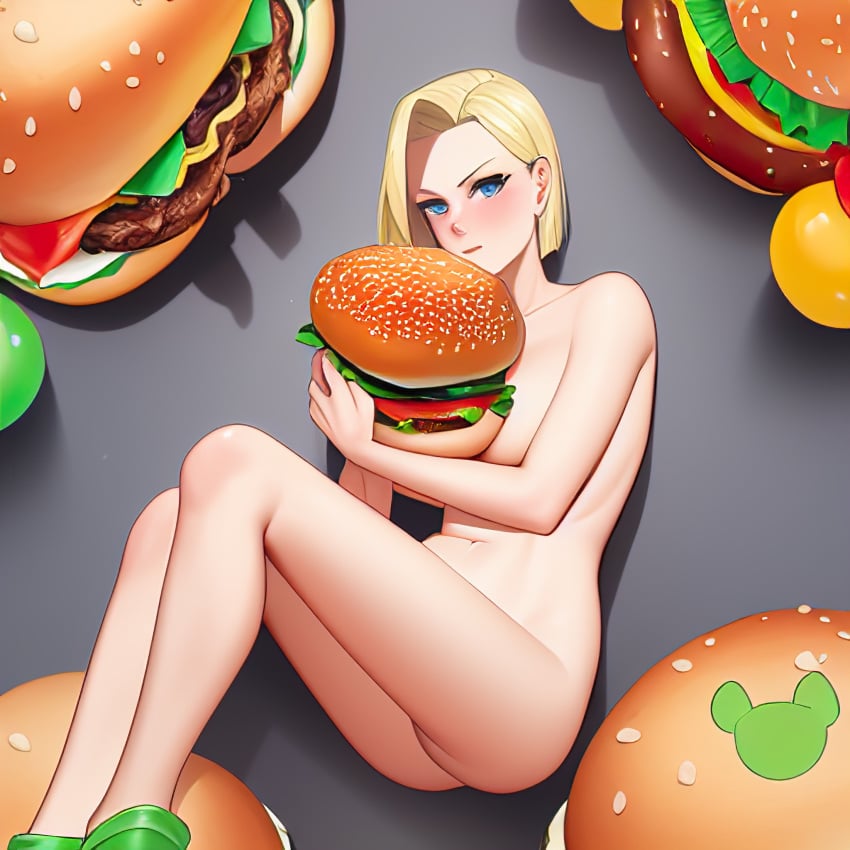 1girls ai_generated android_18 big_burger blonde_hair breasts burger dragon_ball dragon_ball_z embrace embracing_another feet_out_of_frame female female_only food hugging hugging_burger imminent_eating nai_diffusion nude stable_diffusion surrounded_by_burgers