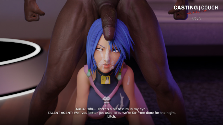 3d aqua_(kingdom_hearts) blue_hair body_writing casting_couch condom condom_accessories cross-eyed cum_in_eye cum_in_eyes cum_on_eye cum_on_face dark-skinned_male dark_skin dirty_talk dominant_male domination facial hooker interracial kingdom_hearts light-skinned_female light_skin looking_at_penis looking_up on_all_fours on_floor penis_on_head prostitute prostitution tscd_rendering woman