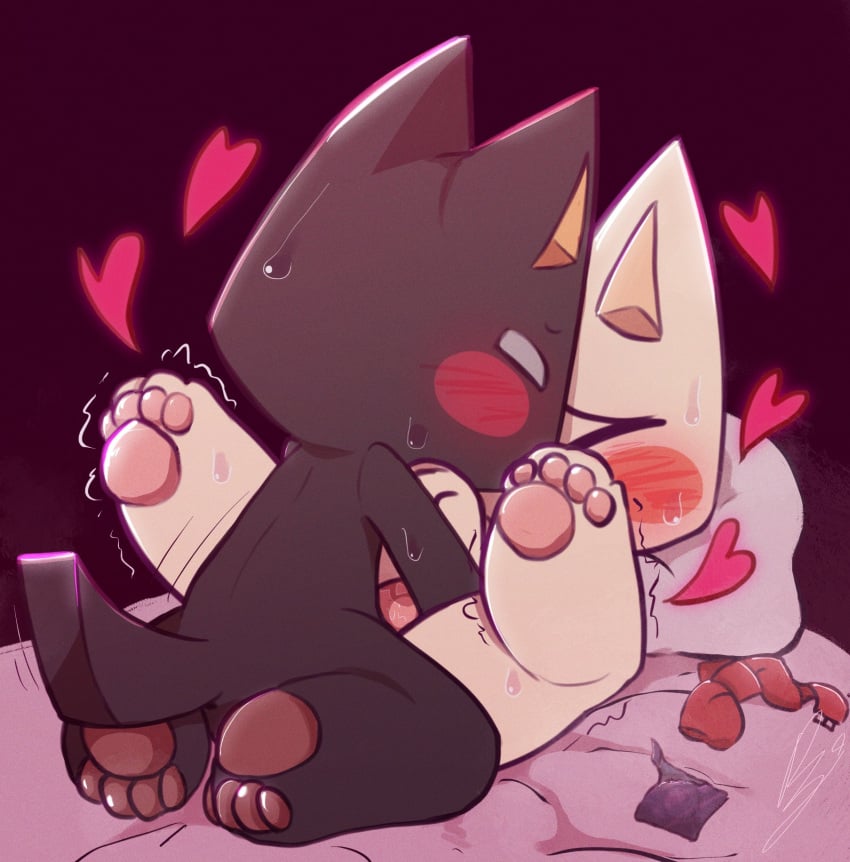 2022 anthro bj_(artist) black_body black_fur blush bodily_fluids condom_wrapper digital_media_(artwork) doko_demo_issho domestic_cat duo felid feline felis fur heart hi_res kuro_(doko_demo_issho) male male/male male_penetrating mammal nude pawpads penetration sex sony_corporation sony_interactive_entertainment sweat toro_inoue video_games white_body white_fur