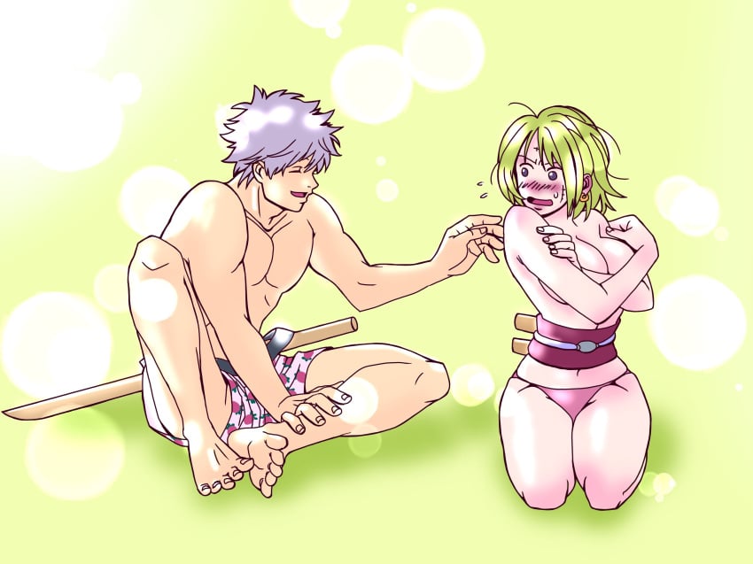 1boy 1girls benrinnes_maiko big_breasts blonde_hair blush boxers cleavage covering_breasts covering_self crossed_arms embarrassed facial_scar female full_body gintama gintoki_sakata hair_down imminent_sex male obi panties pink_panties seiza short_hair strawberry_print topless topless_female topless_male tsukuyo underwear