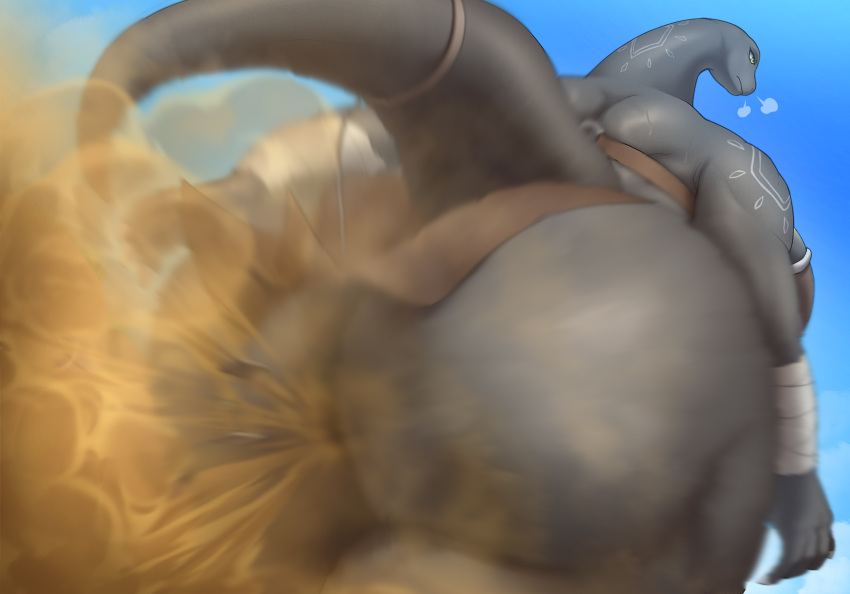 anthro ass_focus barely_clothed brontosaurus cage dinosaur fart fart_cloud giantess huge_ass larger_female loincloth looking_back massive_ass original scalie size_difference smaller_male suzume_333 tagme thick_thighs totoro_6v walking