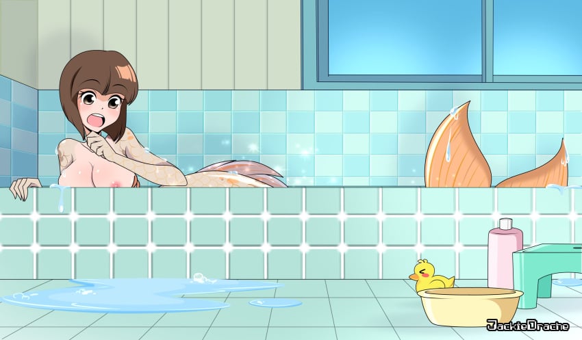 bathtub female female_focus fish_tail hi_res jackie-drache jpeg large_breasts mermaid mermaid_girl mermaid_tail mermaid_transformation monster_girl nabiki_tendo nipple ranma_1/2 rubber_duck short_hair signature underwater water wet wet_body yellow_tail