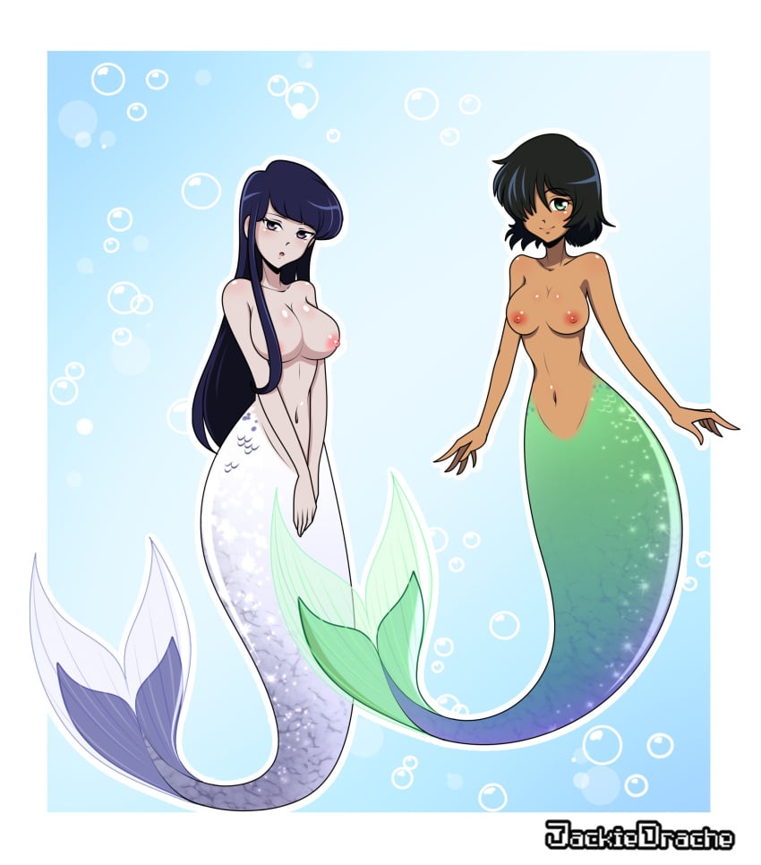 2girls blue_hair fish_tail green_eyes jackie-drache komi-san_wa_komyushou_desu komi_shouko mermaid mermaid_girl mermaid_tail mermaid_transformation multiple_girls nazo_no_kanojo_x urabe_mikoto