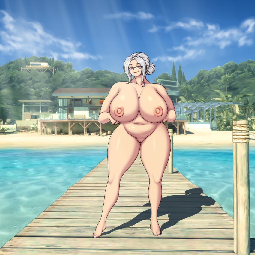 1girls beach blue_sky breasts cloud completely_nude curvy_female day deck full_body gilf glasses grandmother granny hair_bun huge_breasts island jennifer_(mk001black) milf mk001black navel nipples old_woman older_female pier plump public_indecency red_eyes smile swimsuit thick thick_female white_hair