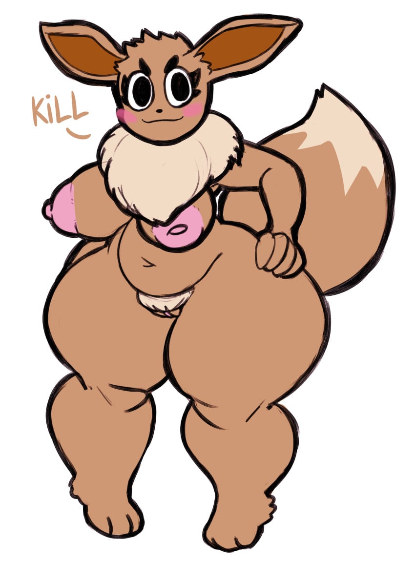 absurd_res anthro areola big_breasts big_tail black_eyes blush bottom_heavy breasts brown_body brown_fur canid cumlord cumlord_(artist) dialogue dipstick_tail eevee eyelashes female fur generation_1_pokemon hand_on_hip hi_res just_coffee looking_at_viewer mammal markings navel nintendo nipples nude pink_areola pink_nipples pokemon pokemon_(species) pubes simple_background slightly_chubby smile solo tail_markings tan_body tan_fur tan_pubes text thick_thighs video_games white_background wide_hips