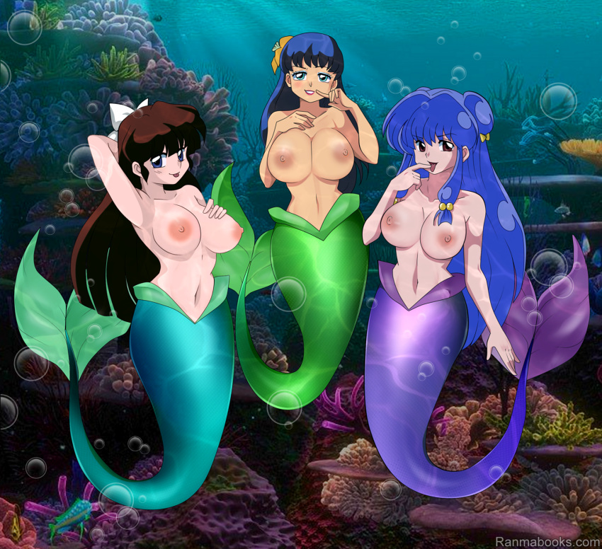 3_mermaids 3girls blue_hair brown_hair cologne cologne_(young) fish_tail long_hair mermaid mermaid_girl mermaid_only mermaid_tail mermaid_transformation mermaids monster_girl multiple_girls purple_hair ranma_1/2 shampoo_(ranma_1/2) smile ukyo_kuonji underwater