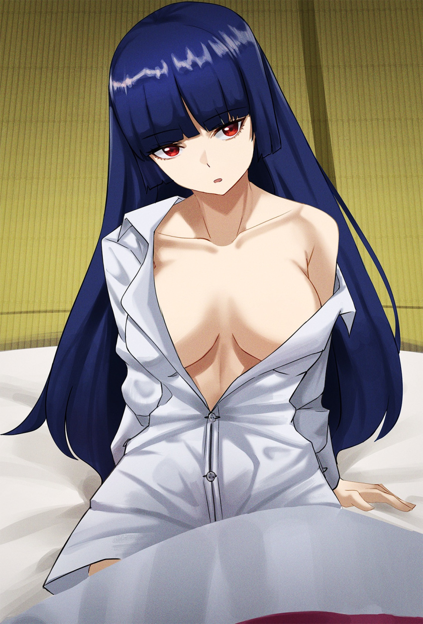 blue_hair choister dark_hair female female_only futon gintama hime_cut imai_nobume long_hair medium_breasts no_bra off_shoulder on_bed open_shirt red_eyes sitting solo tatami