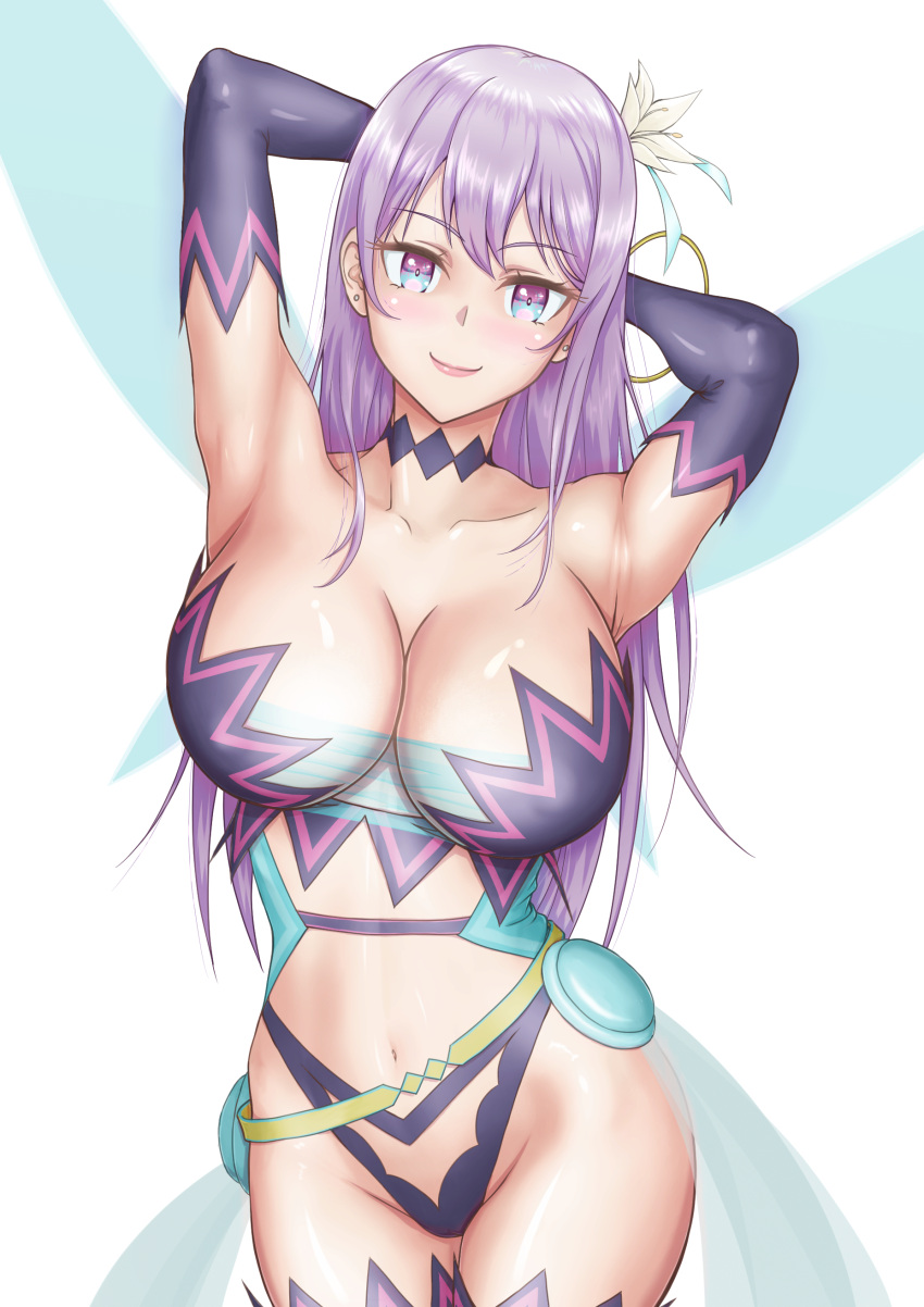 1girls aqua_eyes armpits arms_behind_head artist_name big_breasts breasts busty cleavage female female_only highres kisaragi_reona kyuukyoku_shinka_shita_full_dive_rpg_ga_genjitsu_yori_mo_kusoge_dattara large_breasts legs lipstick long_hair makeup navel pose purple_hair sexy_armpits smile solo thick_thighs thighs voluptuous wide_hips