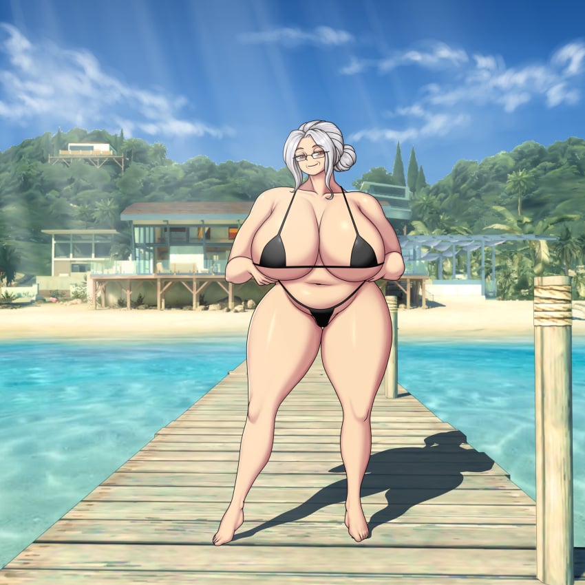 1girls beach bikini breasts deck female gilf grandmother granny huge_breasts island jennifer_(mk001black) mk001black nipples older_female red_eyes swimsuit thick_female white_hair