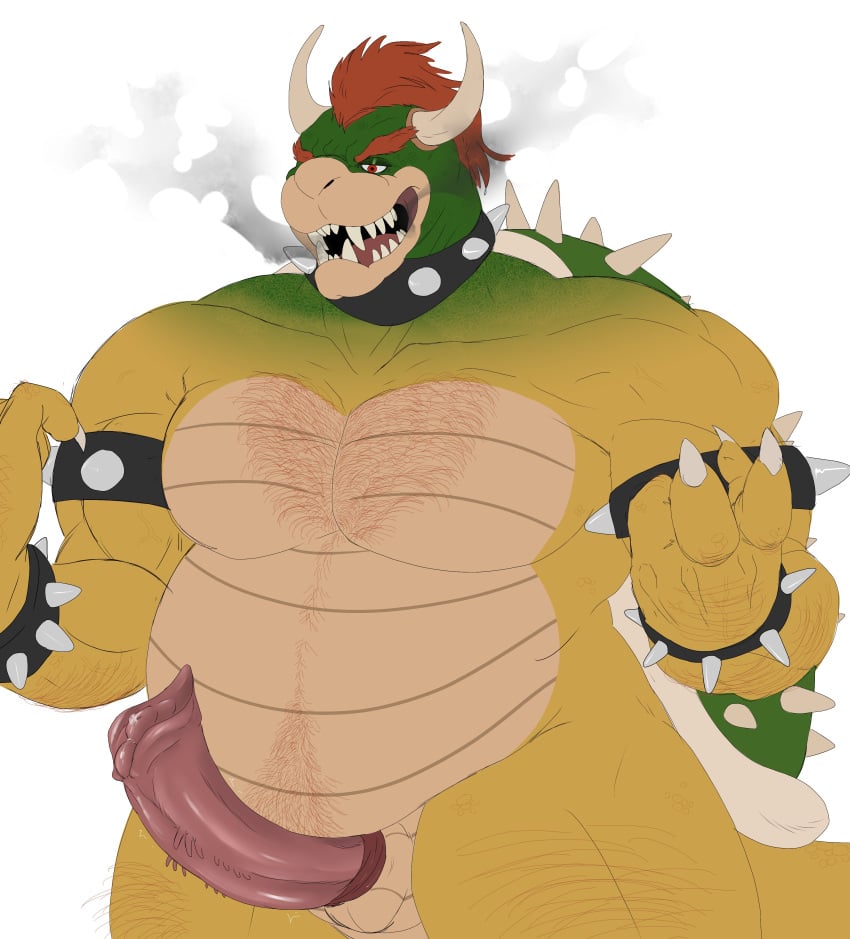 absurd_res animal_genitalia anthro bodily_fluids body_hair bowser collar genital_fluids genital_slit genitals hi_res koopa male male_only mario_(series) musclegut nintendo penis portrait precum scalie shell slit smoke_from_mouth solo spicydrag0n three-quarter_portrait video_games