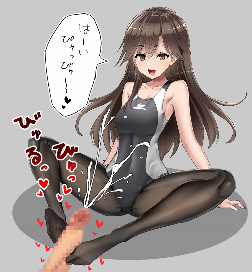 1boy 1girls admiral_(kantai_collection) arashio_(kantai_collection) black_one-piece_swimsuit black_pantyhose bondage breasts brown_hair censored commission competition_swimsuit covered_navel cum cum_on_body cum_on_clothes ejaculation feet female footjob hagakure-kurage_(79g) highres indian_style kantai_collection legs light-skinned_female light-skinned_male light_skin long_hair navel no_shoes one-piece_swimsuit open_mouth orange_hair pantyhose pantyhose_under_swimsuit penis profanity sadism simple_background sitting skeb_commission small_breasts smile soles straight swimsuit teeth toes translation_request two-tone_swimsuit