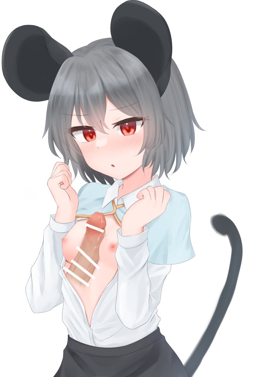 1boy :o animal_ears bangs blue_capelet blush breasts breasts_out capelet censored commentary_request cowboy_shot dakuazu female grey_hair grey_skirt highres long_sleeves mouse_ears mouse_girl mouse_tail naizuri nazrin nipples open_clothes open_mouth open_shirt paizuri penis red_eyes shirt short_hair simple_background skirt small_breasts solo_focus straight tail touhou white_background white_shirt