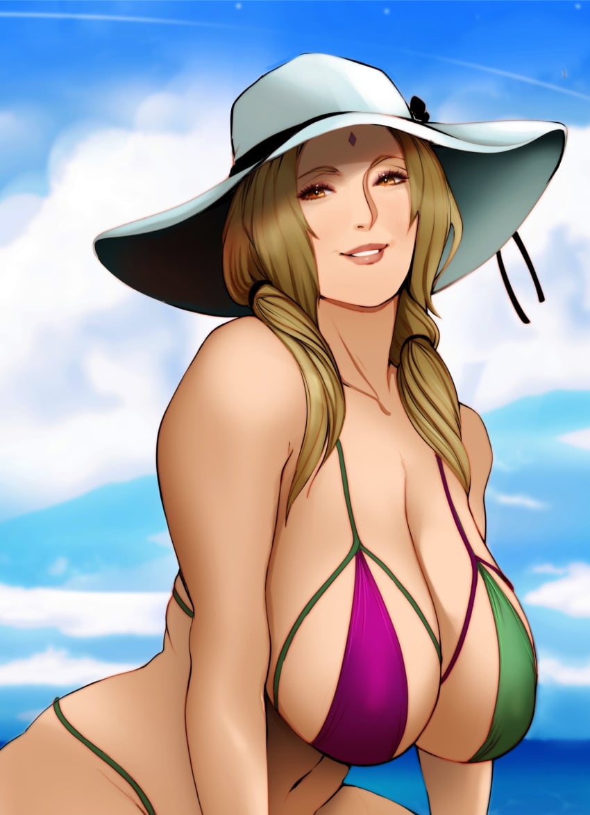 1girls bare_chest bare_shoulders big_breasts bikini blue_sky breasts breasts breasts breasts_bigger_than_head cleavage clouds collarbone eyelashes facial_mark female female_only forehead_jewel forehead_mark g-string gilf hanging_breasts hat headwear huge_breasts jnsdh large_breasts light_skin long_hair mature mature_female mature_woman midriff milf naruto naruto_(series) naruto_shippuden oppai outdoors pinup revealing_swimsuit sagging_breasts seductive seductive_eyes seductive_look seductive_mouth seductive_smile skimpy skimpy_bikini skin_tight sky smile solo solo_focus summer_hat swimsuit tied_hair tsunade twintails voluptuous wrinkles