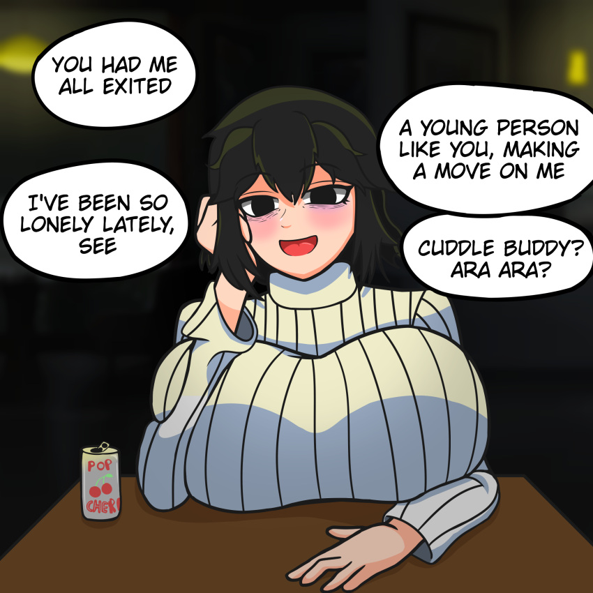 black_hair breast_rest dialogue eye_bags huge_breasts mia_sadiqah(artist) sweater