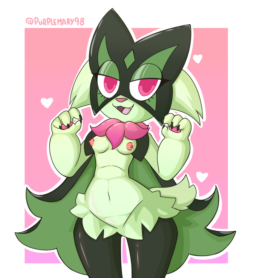 2022 absurd_res anthro areola breasts digital_media_(artwork) felid female fur generation_9_pokemon green_body green_fur half-closed_eyes hi_res leaked_pokemon looking_at_viewer mammal meowscarada mocho4266 narrowed_eyes nintendo nude open_mouth pokemon pokemon_(species) pokemon_sv simple_background solo tongue video_games