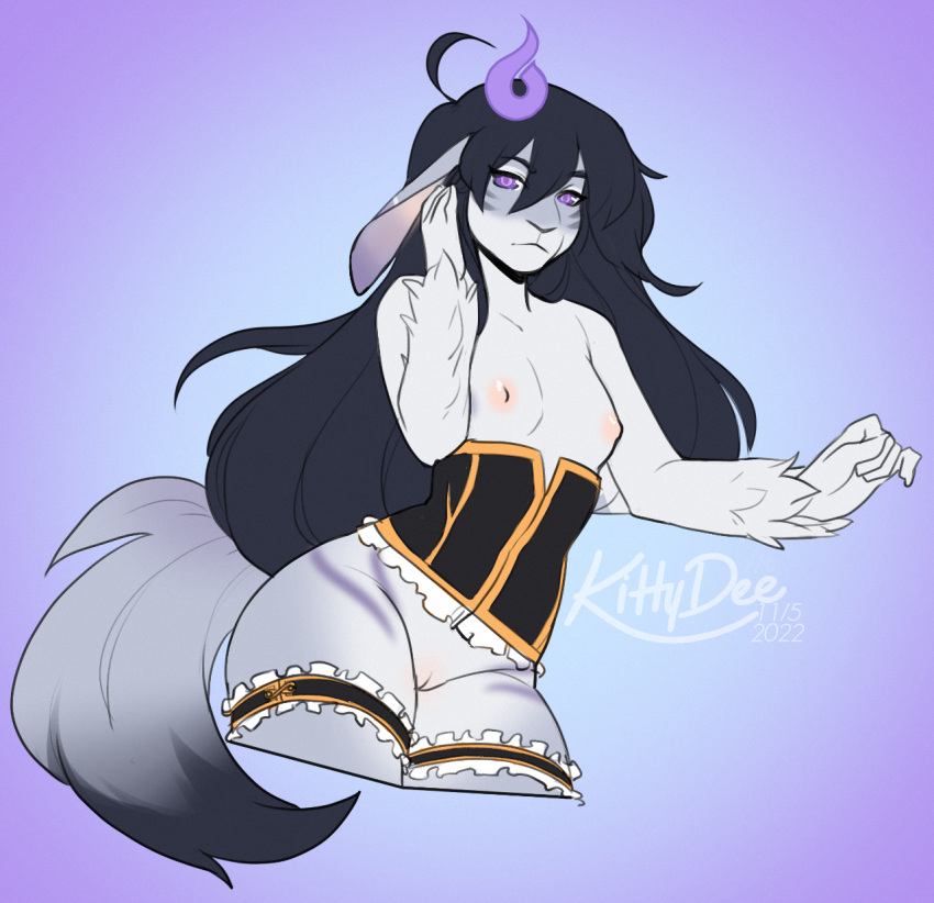 2022 anthro areola black_hair breasts clothed clothing digital_media_(artwork) eyebrows eyelashes female genitals hair hi_res horn kittydee lagomorph leporid looking_at_viewer mammal nipples purple_eyes pussy rabbit simple_background solo