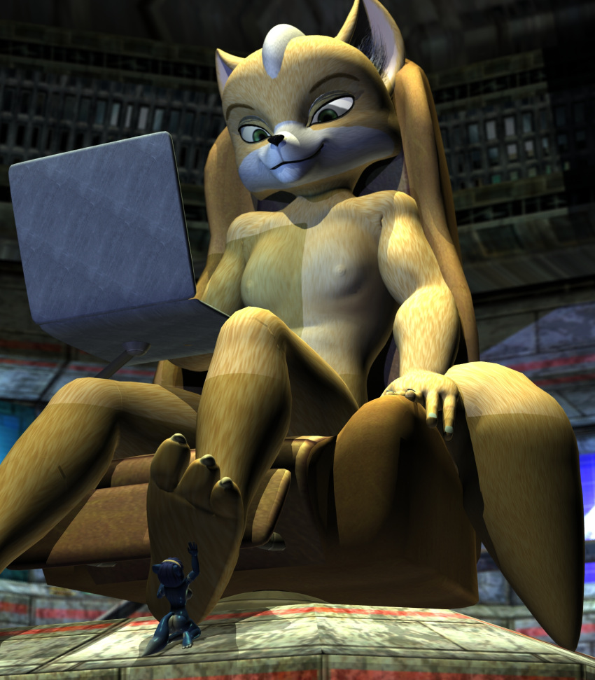 3_toes 3d anthro chair claws cleaning computer degradation dominant dominant_male duo feet female foot_fetish foot_lick foot_play foot_rub fox_mccloud furniture hi_res inside krystal laptop larger_male licking looking_at_another looking_down male male/female nintendo nipples nude ocsda on_chair paws raised_foot relaxing servant shrink shrunk shrunken sitting sitting_on_chair size_difference slave smaller_female smile smirk smug smug_expression smug_eyes smug_face smug_grin soles star_fox submissive submissive_female toe_claws toes tongue tongue_out video_games worship