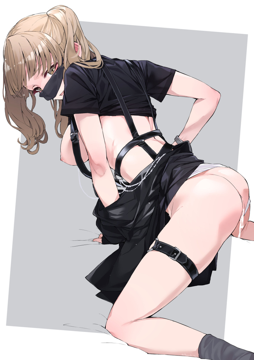 ass back breasts brown_eyes brown_hair clothing_aside cum cumdrip female grey_socks highres jacket long_hair mask mask_lift mouth_mask nijisanji nipples panties panties_aside parted_lips sister_claire sister_cleaire socks solo thigh_strap twintails underwear virtual_youtuber white_panties yuukauta