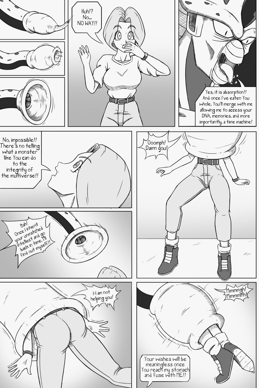 absorbing absorption absorption_vore ass big_ass big_butt bulma_briefs cell_(dragon_ball) comic_page crown dat_ass dragon_ball dragon_ball_z female flesh_tunnel fleshy_tentacle forced forced_vore future_bulma kicking muffled open_mouth pony_tail ponytail saliva tail_bondage tail_bulge tail_vore tailjob teeth teeth_showing text text_box text_bubble tight_clothing tight_pants tongue tongue_out vore yugerov