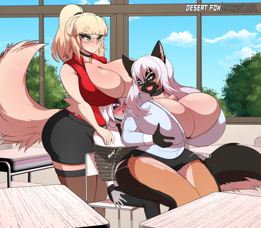 anthro anthro_on_anthro anthro_penetrated anthro_penetrating anthro_penetrating_anthro big_breasts bondage bound breasts canid canine canis classroom cleavage clothed clothing domestic_cat domestic_dog dominant dominant_female felid feline felis female female_penetrated group hi_res huge_breasts male male/female male_penetrating male_penetrating_female mammal opal_(sagestrike2) penetration questionable_consent rope sagestrike2_(artist) school sex trio window